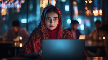 Obraz premium Mujer con velo usando computadora en ambiente nocturno