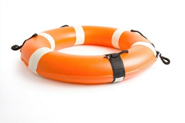 A bright orange life preserver sits on a white background, ready for use