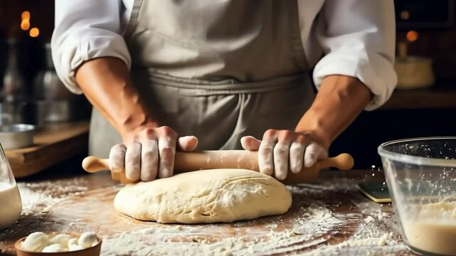 A person is rolling out dough on a wooden surface. Crafting bread, a baker works amidst baking essentials on a table. 