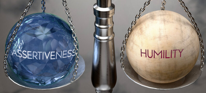 Assertiveness or Humility - weighing two choices, available options. Choosing between assertiveness or humility. Two different course of actions. ,3d illustration