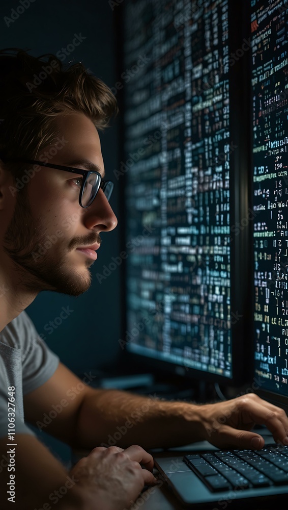 Aufkleber man coding late at night, immersed in screens.