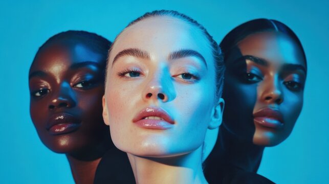 Mujeres con diferentes tonos de piel bajo iluminaci&oacute;n azul