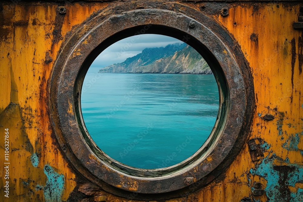 Poster a serene porthole view of a lake with a majestic mountain in the background