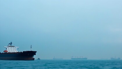 Busy ocean shipping scene with vessels navigating in a foggy sea.