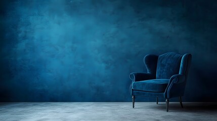 Minimalist plain blue wall with a dark blue velvet chair and rug