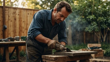 Man grinding metal in his backyard.