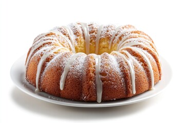 A delicious bundt cake with creamy icing on a clean white plate, perfect for photography or advertising