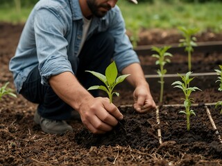 Man holding seedlings during a planting activity.