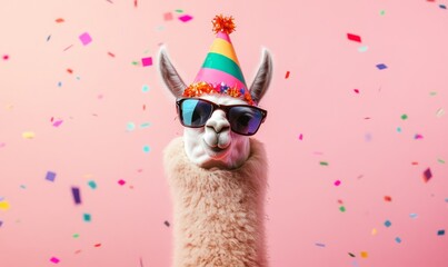 Llama in a colorful party hat and sunglasses with confetti on a pink background. Fun, quirky celebration with a humorous twist.