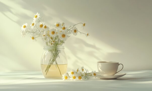 Minimalist composition of chamomile flowers, a glass jar of dried chamomile, and a teacup on a clean white background, reflecting calmness and purity