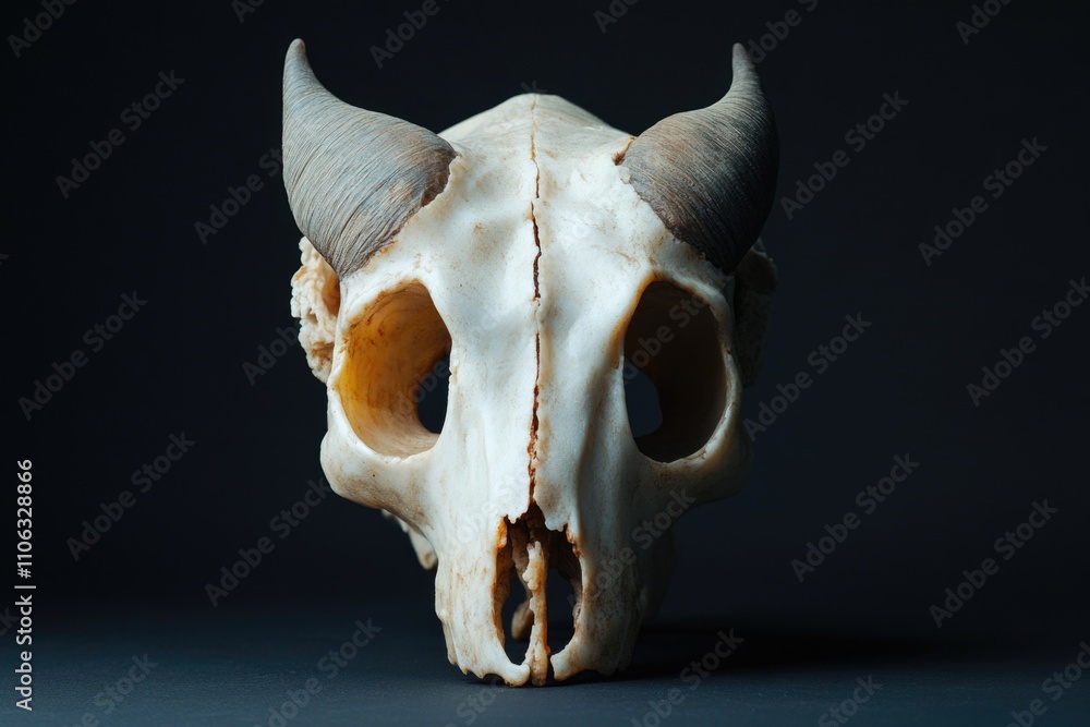 Poster a close-up shot of a skull with horns against a dark background