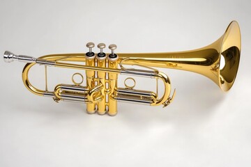 Obraz premium A gold trumpet placed on a clean white surface, perfect for decorative or musical themes