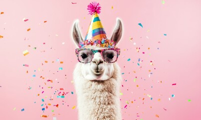 Fototapeta premium Llama in a colorful party hat and sunglasses with confetti on a pink background. Fun, quirky celebration with a humorous twist.