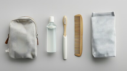 Flat Lay of Travel Hygiene Essentials – Toothbrush, Comb, Toiletries, and Canvas Pouch for On-the-Go Care

