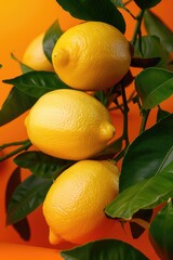 Fresh lemons growing on the branch of a tree, ready for picking