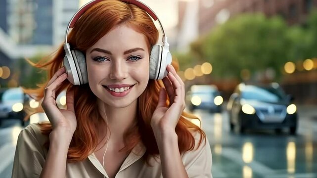Redhead woman listens to music on headphones while walking along urban city streets on blurred background. Audio book, travel guide or podcast while traveling. Adult girl smile portrait. Panorama.