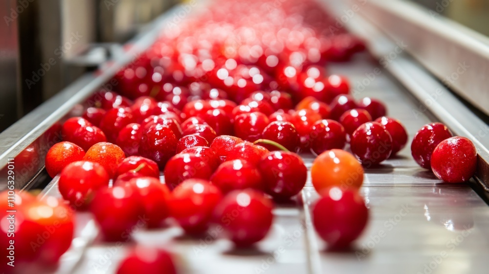 Aufkleber juicy red fruits are being transported on a conveyor belt in a large juice processing facility. the 
