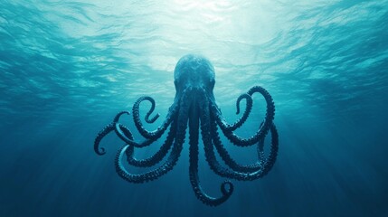 Majestic Kraken: 3D Render of Enthralling Sea Monster Beneath Sunlit Ocean Surface