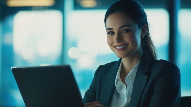 Mujer trabajando en computadora port&aacute;til en oficina moderna.