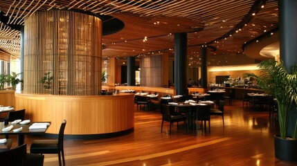 Fototapeta premium Upscale restaurant interior with wood accents, modern design, and elegant dining tables.