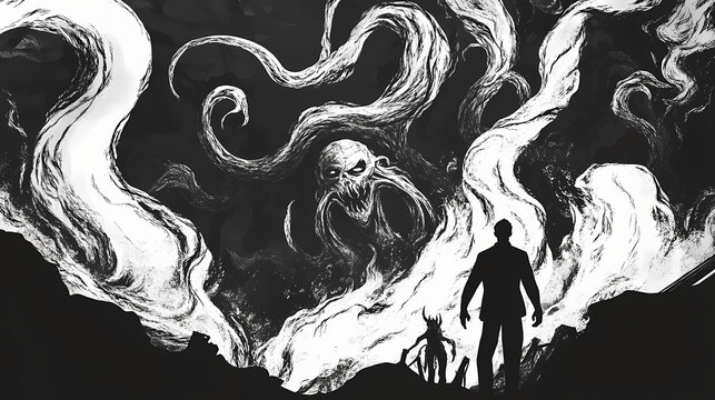 Desolate chthonic nightmare realm with eldritch abominations emerging from shadows. Eldritch. Illustration