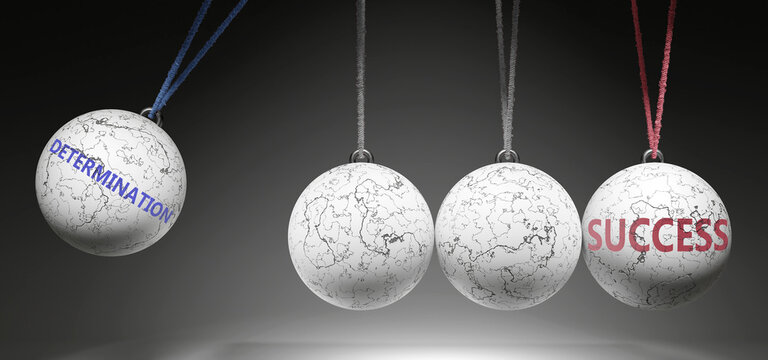 Determination and Success - cause and effect relationship. A Newton cradle metaphor showing how determination results in success. It initiates success. ,3d illustration