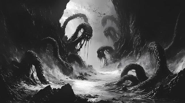 Desolate chthonic nightmare realm with eldritch abominations emerging from shadows. Eldritch. Illustration