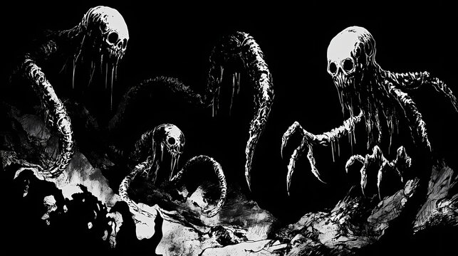 Desolate chthonic nightmare realm with eldritch abominations emerging from shadows. Eldritch. Illustration