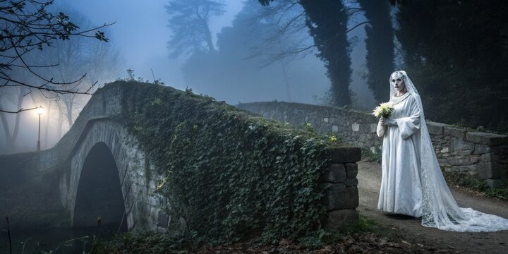 Mysterious bride stands on foggy stone bridge in ethereal landscape at twilight
