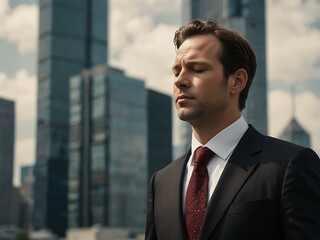 Fototapeta premium Man in a suit with his eyes closed, skyscrapers in the background.