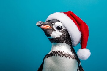 Naklejka premium A penguin sports a cheerful red Santa hat, adding a festive touch to its appearance. The vibrant blue background highlights the playful spirit of the holiday season. With copy space for text