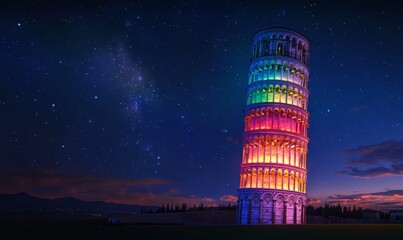 The Leaning Tower of Pisa stands illuminated with vibrant, colorful lights against a starry night sky, creating a mesmerizing and fantastical scene