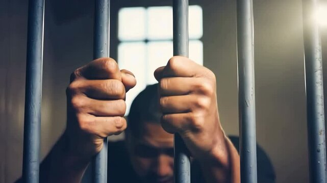 Person behind bars with sense of confinement and longing for freedom. Barrier to liberation. Prisoner young man in prison.