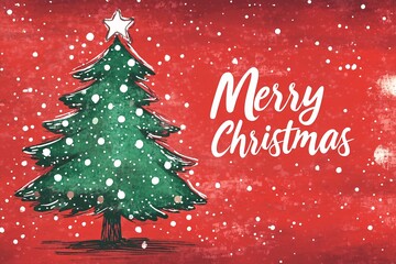 A Christmas tree card in a hand-drawn vintage style, green tree with white dots, bright red background, "Merry Christmas" text in white, vibrant festive colors, retro elements 3