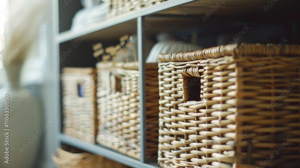 Poster A shelf with multiple wicker baskets on top, ideal for storing small items