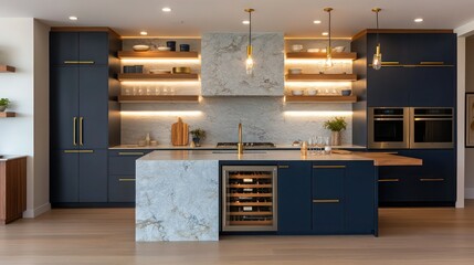 A modern kitchen with navy blue cabinetry, brass hardware, and soft, diffused lighting, featuring a marble island with an integrated wine fridge and floating wooden shelves.