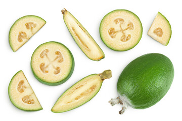 Feijoa fruit isolated on white background. Top view. Flat lay