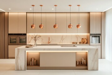 A modern kitchen with soft beige cabinetry, illuminated by recessed lighting, and a large marble island with wooden accents, featuring copper pendant lights and minimalist decor.