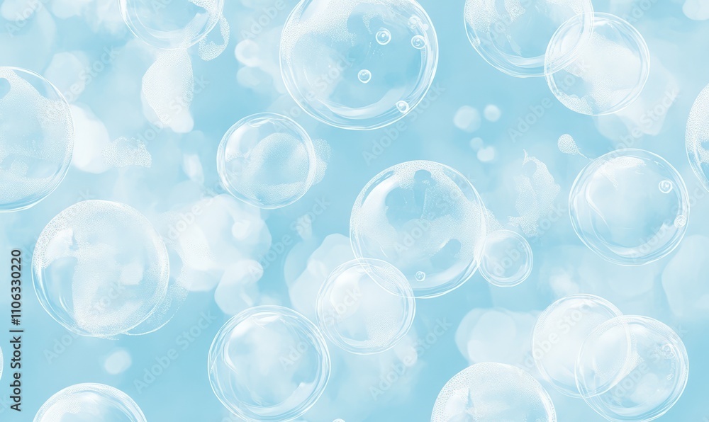 Poster seamless pattern of transparent soap bubbles floating against a light blue background, creating a pl