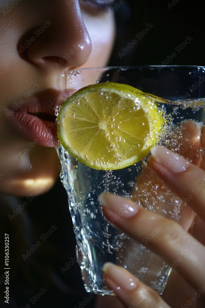 Poster a person sipping water from a glass with a slice of lemon added for flavor and hydration