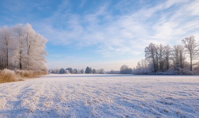 Obraz premium Winter landscape with snow-covered field and frosted trees, serene blue sky, tranquil atmosphere, nature's beauty