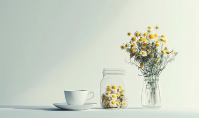Minimalist composition of chamomile flowers, a glass jar of dried chamomile, and a teacup on a clean white background, reflecting calmness and purity