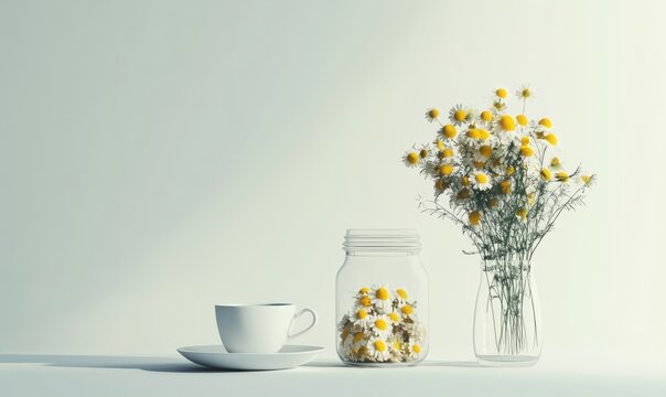 Minimalist composition of chamomile flowers, a glass jar of dried chamomile, and a teacup on a clean white background, reflecting calmness and purity