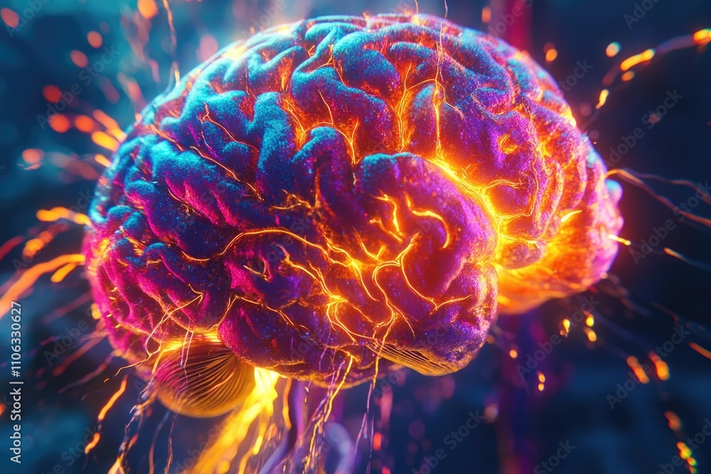 Poster a close-up shot of a vibrant brain with swirling colors and neural networks