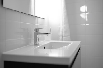Fototapeta premium A simple bathroom setup with a sink and mirror, ideal for showcasing bathroom decor or interior design