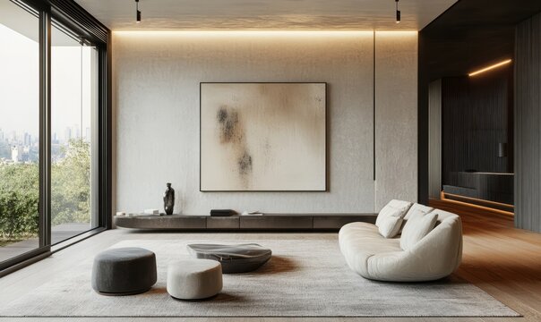 Minimalist living room with modern abstract art and neutral tones, concept of simplicity and style