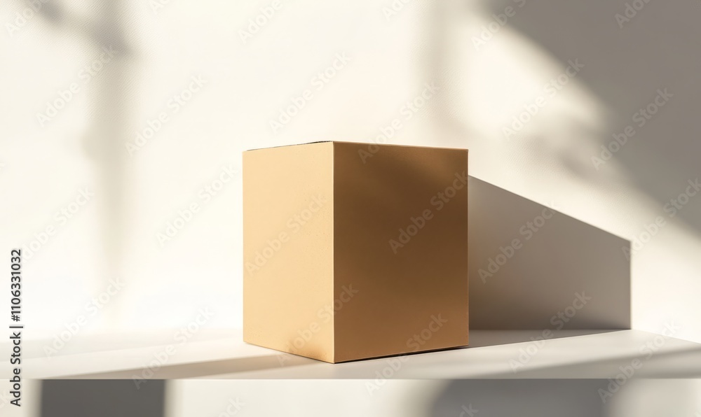 Poster simple cardboard box with clean lines and natural brown texture, placed on a white surface, with sof