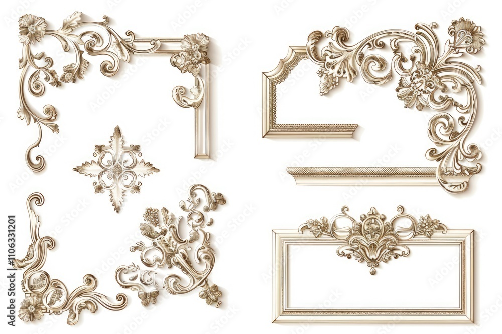 Poster A collection of ornate gold frames on a white background, ideal for use in design projects or as a decorative element
