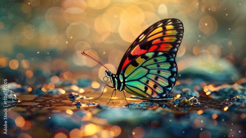 Poster a colorful butterfly perched on top of a rock in a natural setting