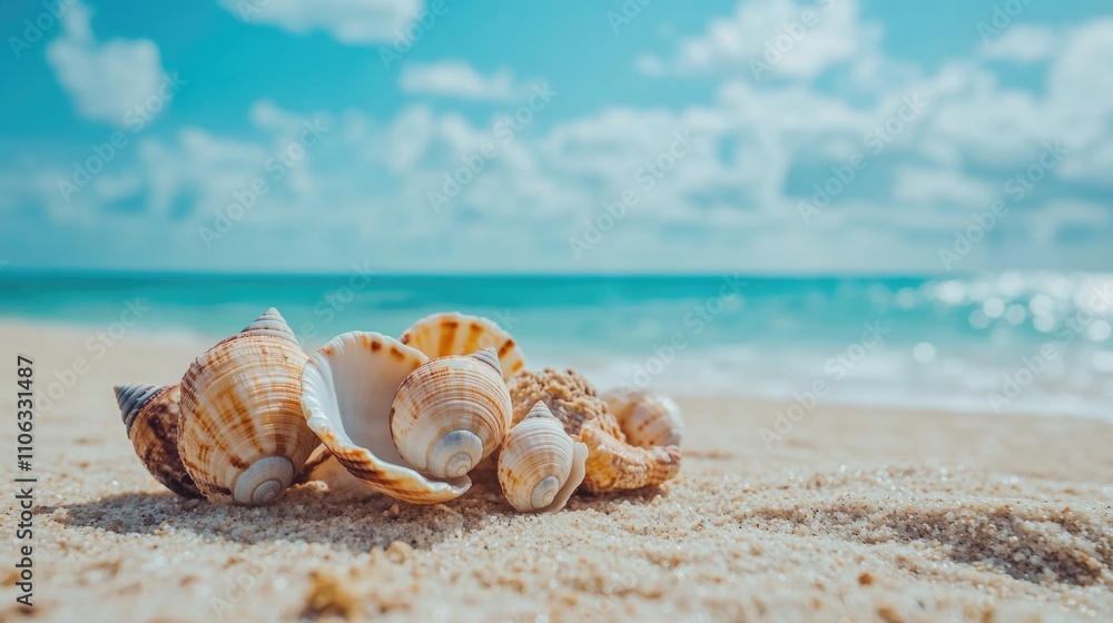 Aufkleber a seashell lies on a sandy beach with the ocean waves crashing in the background, perfect for use in